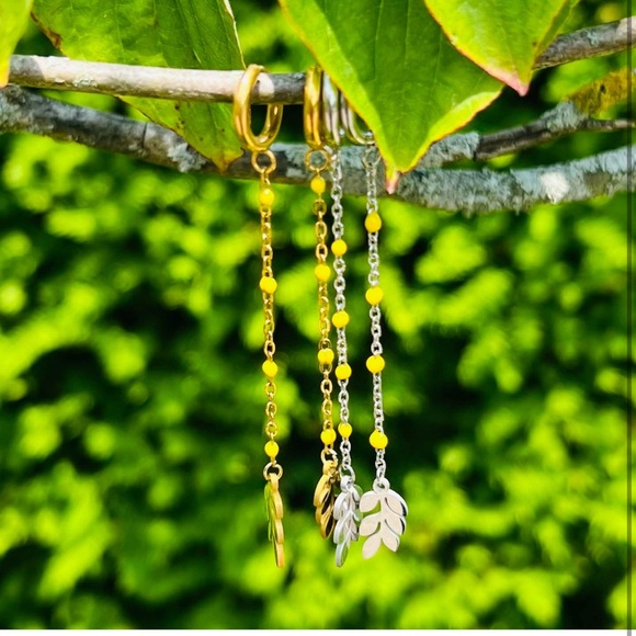 Olive Branch Yellow Enameled Silver Chain Ear Huggies - Picture 3 of 3